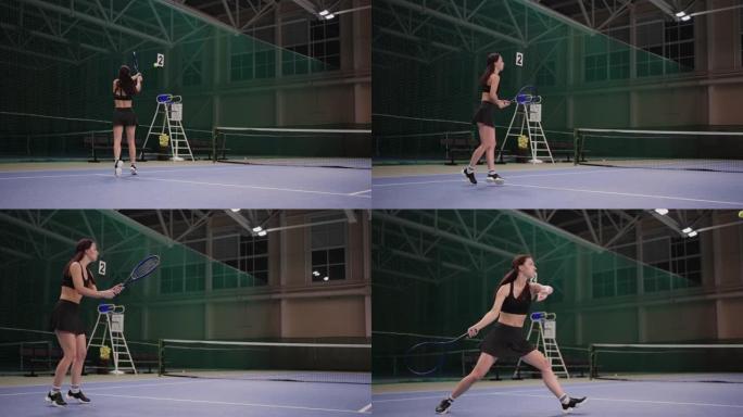 运动型女士在室内球场打网球，女运动员正在训练和准备重要的比赛，慢动作