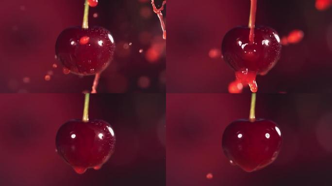 Cherries in juice splash dark red background in sl