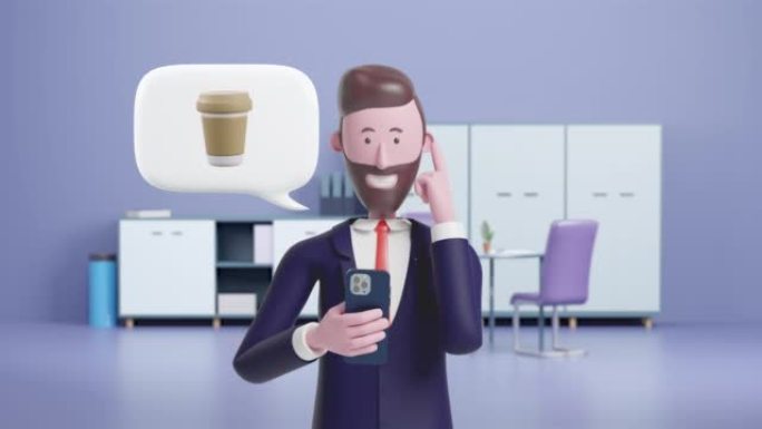 使用智能手机的3d卡通动画商人需要一杯咖啡饮料来提神早上在办公室醒来。