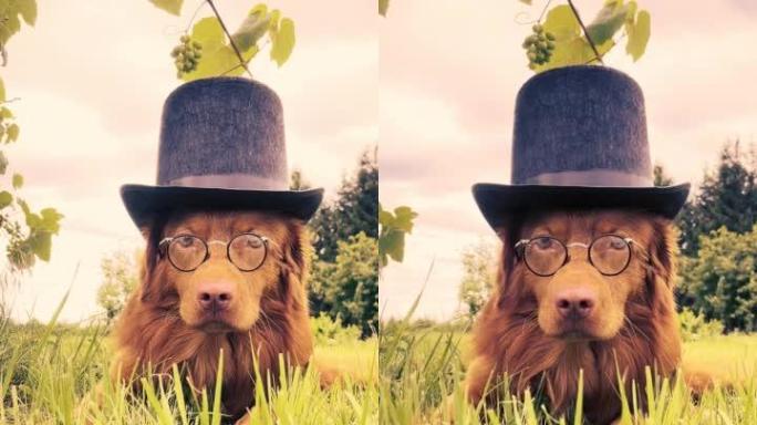 新斯科舍省姜狗鸭收费猎犬戴着眼镜戴着滑稽帽子