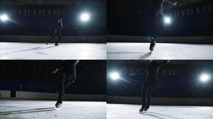优雅的女花样滑冰运动员在溜冰场上表演元素，在比赛前锻炼专业运动员