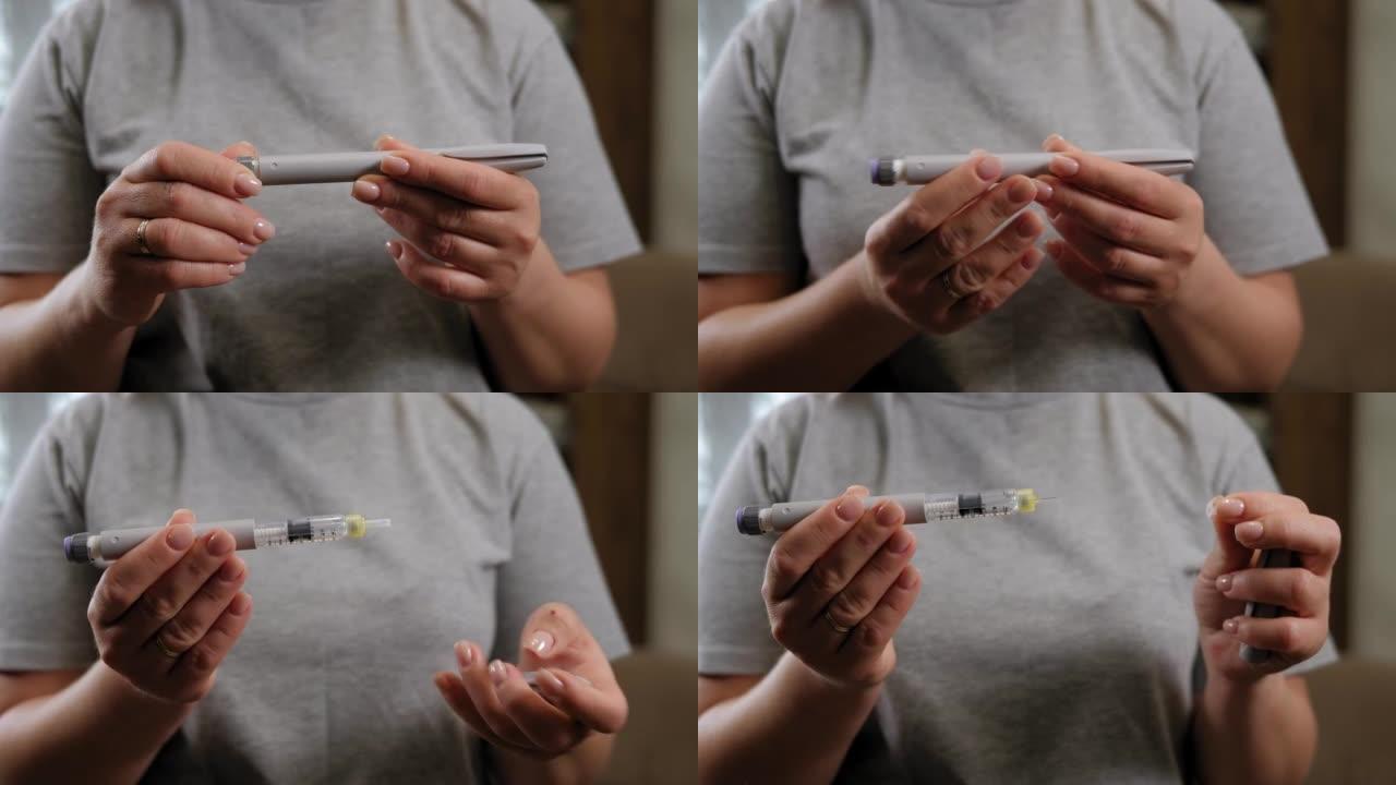 一名妇女手持胰岛素笔的特写镜头，手中握有长效胰岛素