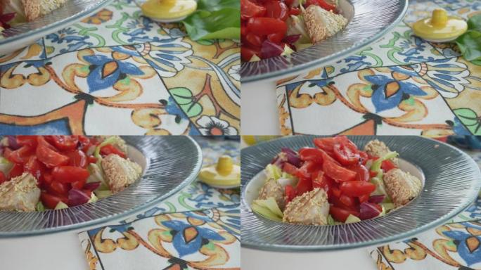 地中海菜肴和餐桌设置的细节照片