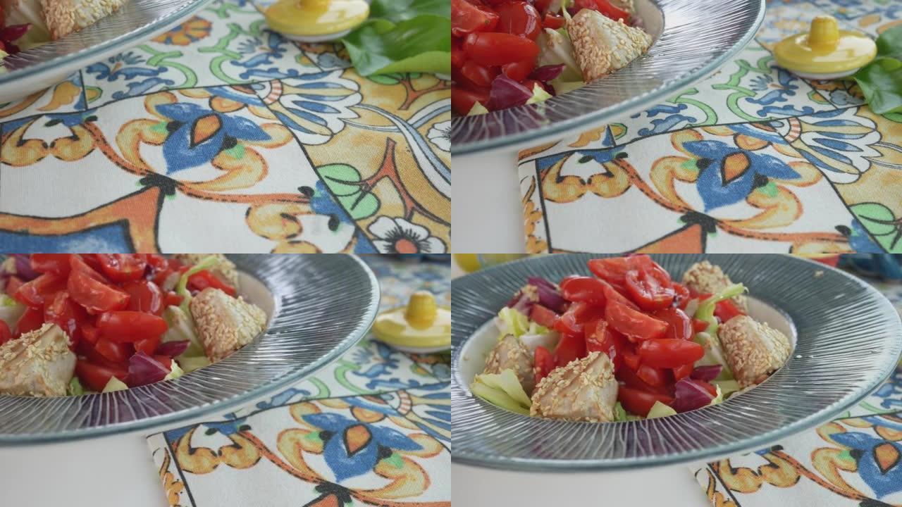 地中海菜肴和餐桌设置的细节照片