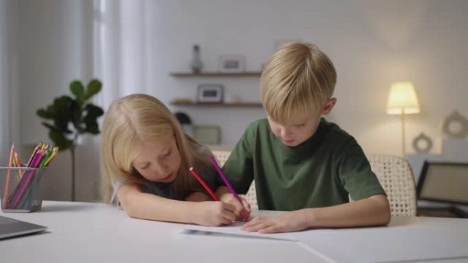 两个孩子在一起，一个男孩和一个女孩，看着笔记本电脑屏幕，坐在桌子旁执行老师的任务，以游戏形式远程学习