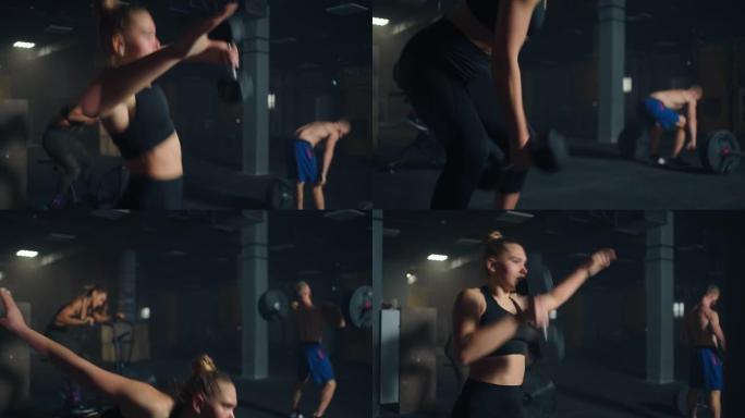 美丽的金发女人在健身房训练壶铃，年轻性感的女士正在举重