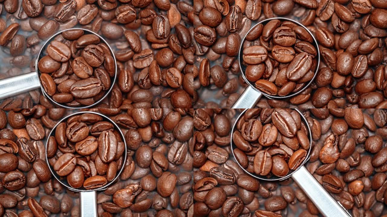 关闭咖啡种子。芬芳的咖啡豆是烤烟来自咖啡豆。