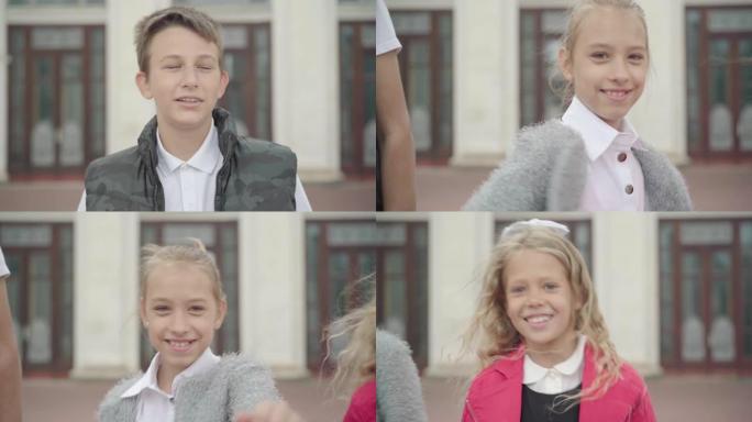 快乐的高加索儿童在学校门前唱歌跳舞的特写镜头。相机沿着积极的男生和女生在休息时玩得开心。生活方式和教
