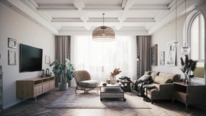 斯堪的纳维亚设计的舒适客厅。三维可视化