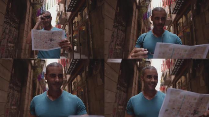 快乐男性旅游地图用户在老城小巷散步，使用地图。西班牙巴塞罗那。电影4K
