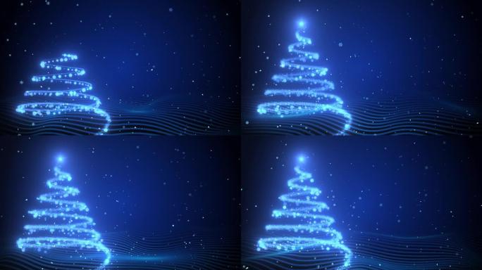 4k发光的蓝光和颗粒。圣诞树动画。