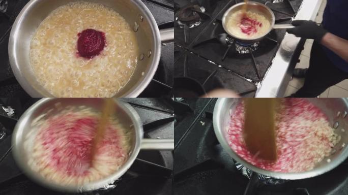 厨师准备粉红色意大利调味饭的详细照片