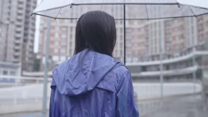 黑发女人打着雨伞走在街上，心情不好，分手