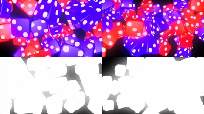 抽象多个红色骰子下落滚动4K 3D阿尔法绿色屏幕循环动画。模具旋转背景。