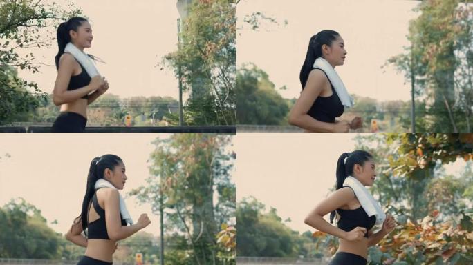 美女在公共场合慢跑热身运动。