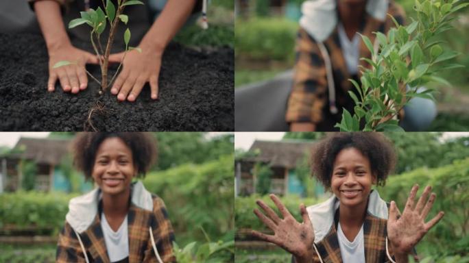 快乐的少女在社区植物苗圃种植的肖像。