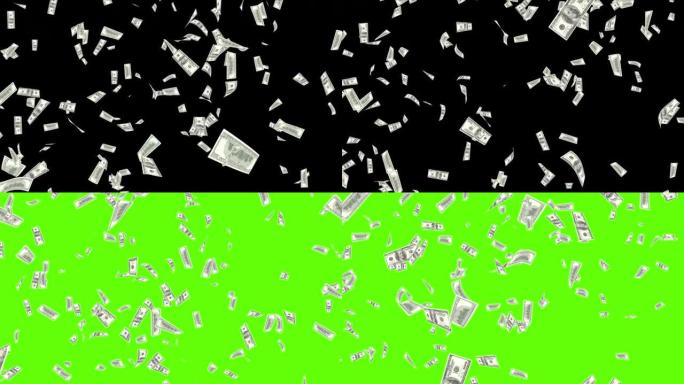 4K 3D动画一百美元钞票落在地板上，绿屏。