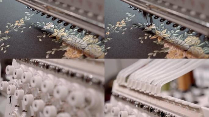 用工业织机在织物上绣花的过程。宏观。特写