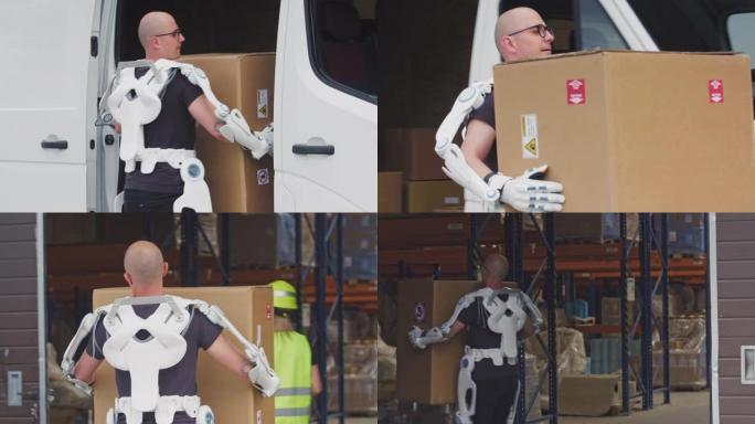 仓库工人从送货货车上运送物资。穿着动力外骨骼。特写镜头