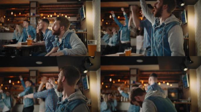 一群男女在酒吧里为世界杯国家队欢呼。球迷们通过在酒吧看电视来庆祝进球。篮球、曲棍球、棒球