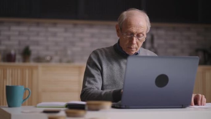 老人正在计算他的水电费和计划预算，独自一人坐在厨房里，用笔记本电脑工作