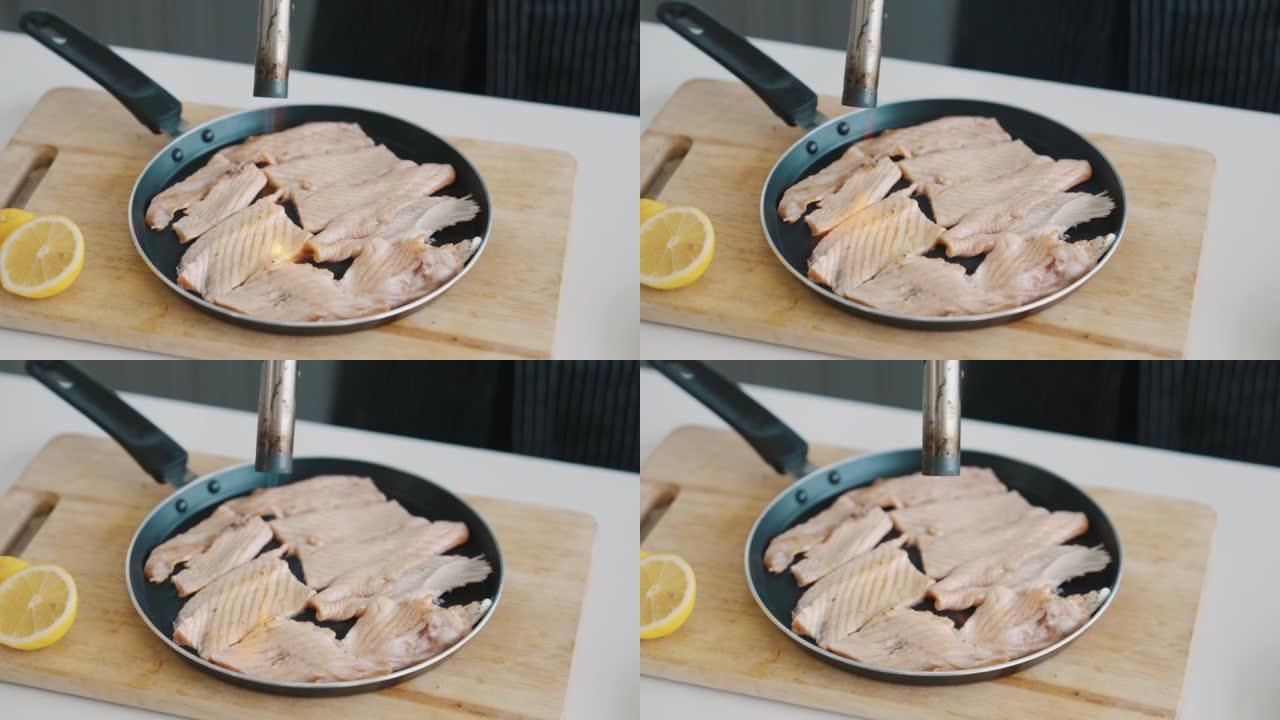烹饪锅烤三文鱼特写视频素材