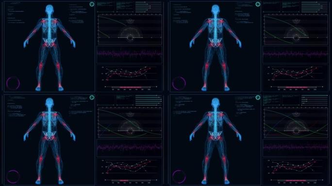 HUD界面与人体模型分析扫描虚拟病人是否受伤。关节发红