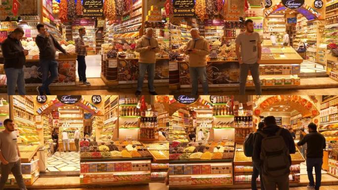 伊斯坦布尔市著名的大市场甜品店慢动作行走全景4k土耳其