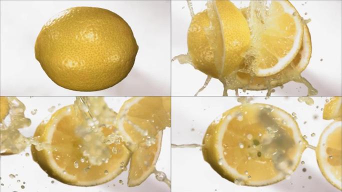 爆炸柠檬和爆裂果汁和切片的超慢动作