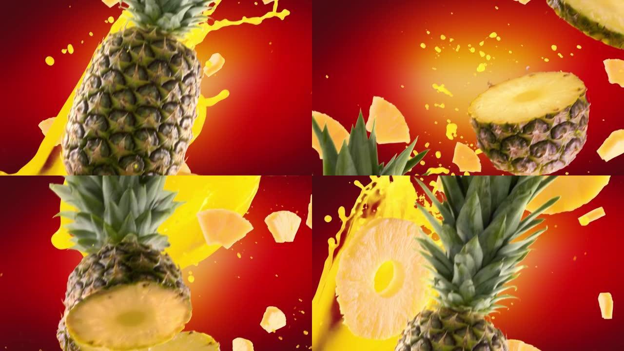 菠萝，切片落在红色背景上