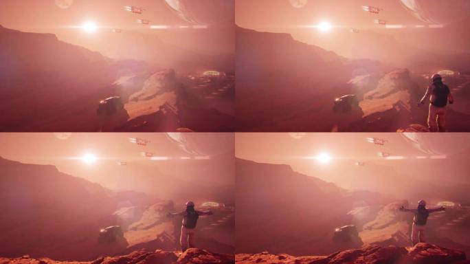 宇航员在火星动画上俯瞰太空基地和宇宙飞船
