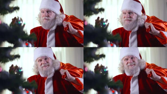 留着胡须的白种人，穿着圣诞老人服装的蓝眼睛，站在装饰好的新年树上，看着相机微笑。正面圣诞父亲在室内度