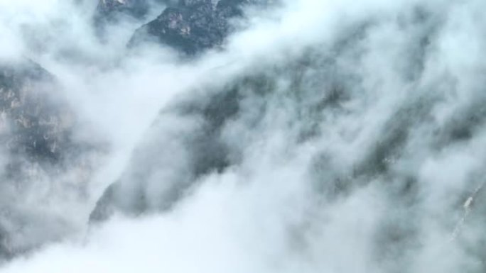 空中无人机拍摄了多洛米蒂与福雷斯，白云岩山脉，白云岩阿尔卑斯山或白云岩阿尔卑斯山的雾状松树树林，是位