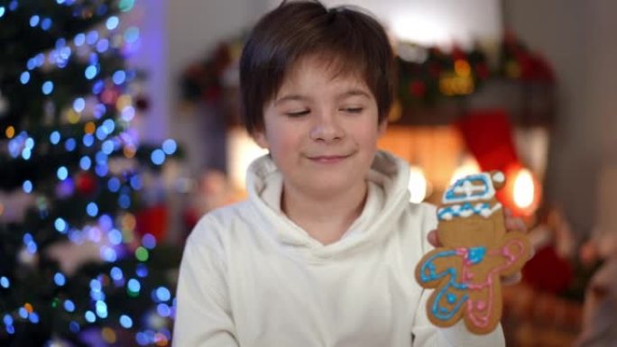 满意的微笑少年男孩在室内客厅与姜饼饼干合影。在圣诞节前夕，骄傲的高加索少年看着相机微笑着吹牛的美味糕