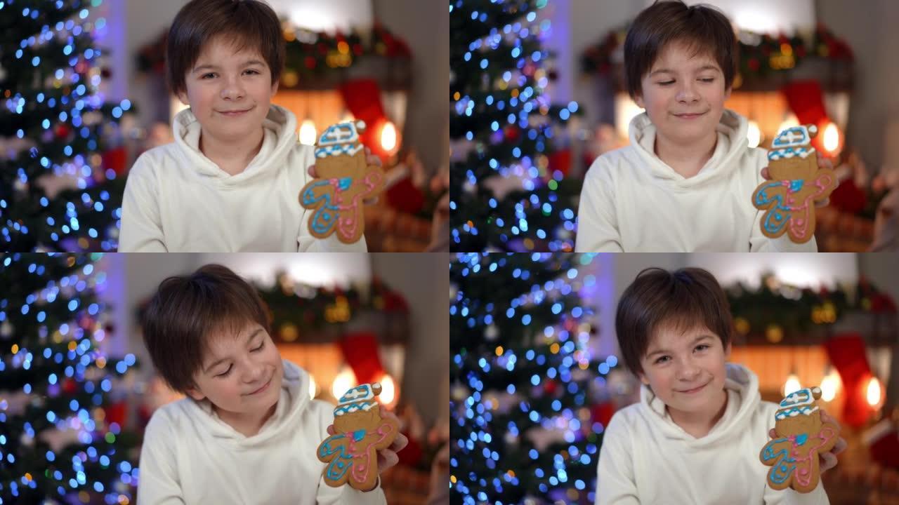 满意的微笑少年男孩在室内客厅与姜饼饼干合影。在圣诞节前夕，骄傲的高加索少年看着相机微笑着吹牛的美味糕