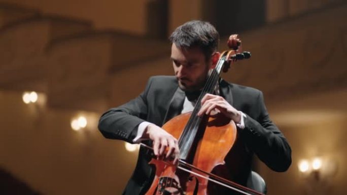 男子在音乐厅演奏大提琴，在老歌剧院或爱乐音乐厅演奏小提琴演奏家的肖像