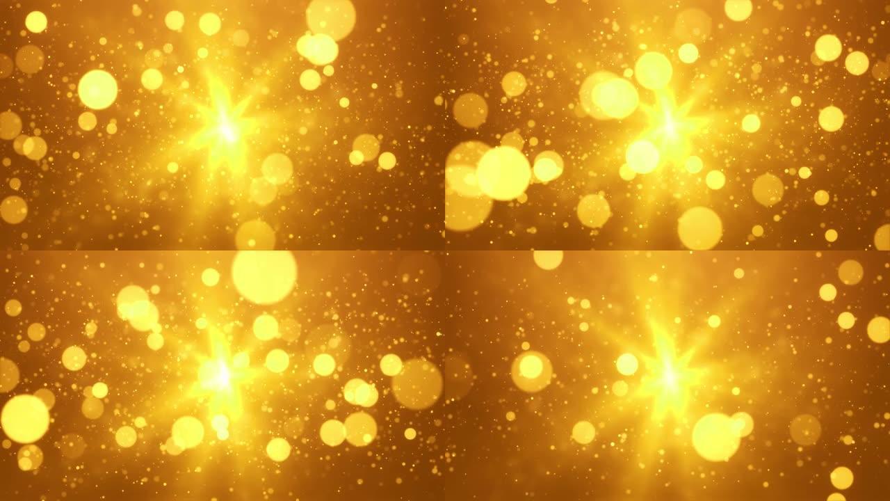抽象背景与魔灯和火花Bokeh金色粒子中心光无缝循环动画。