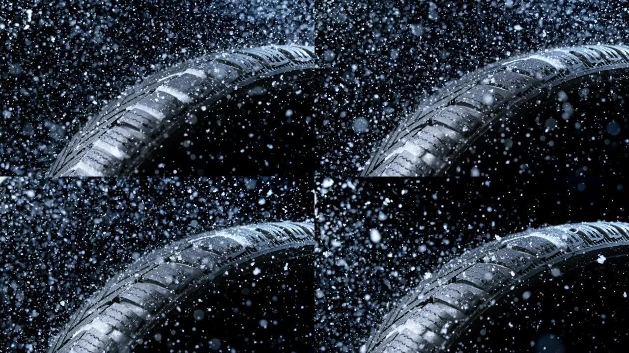 SLO MO LD汽车轮胎在降雪中旋转