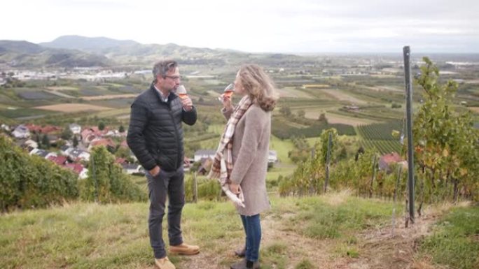 夫妇站在小山上，俯瞰着举杯酒的田野