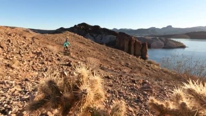 女性山地自行车手沿着沙漠小路