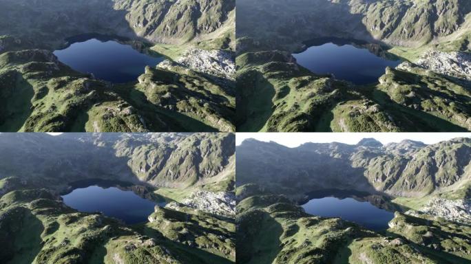 空中无人机在日落时拍摄了山湖和崎hill的山丘