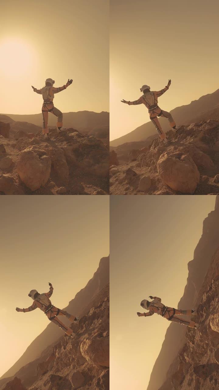 征服者张开双臂。探索锈色沙漠的女宇航员。垂直视频