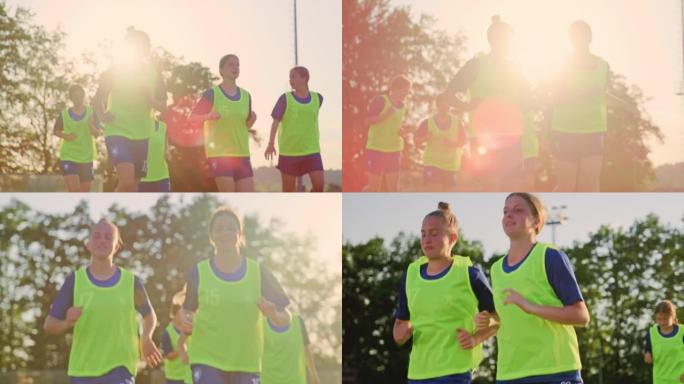 在练习中奔跑的足球队中的年轻女性