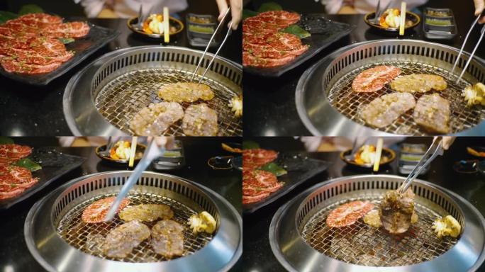 日式烤肉，在热炭炉上烤肉。