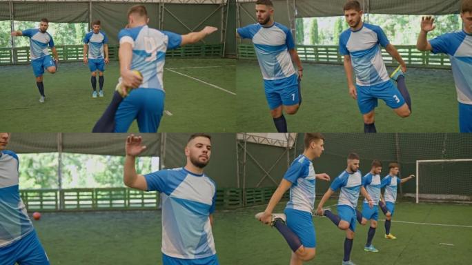 身穿蓝色球衣的五人制足球运动员在比赛前热身