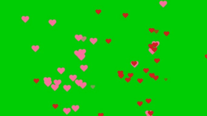 绿屏背景上的心雨或爱情符号。
