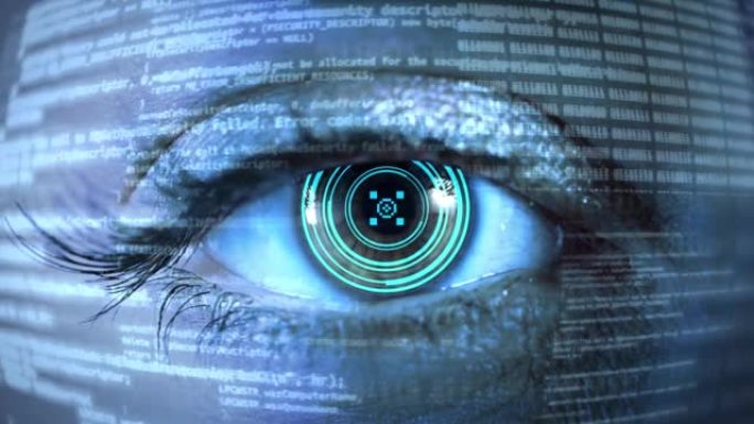 用未来视觉系统程序代码在计算机屏幕上的眼睛。软件开发和黑客概念。