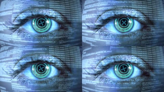 用未来视觉系统程序代码在计算机屏幕上的眼睛。软件开发和黑客概念。