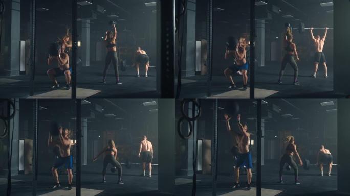 男性和女性健美运动员都在健身房训练，举重和有氧运动