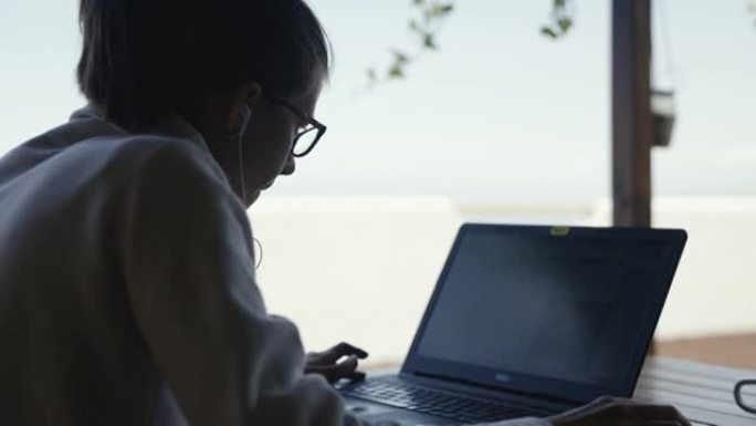 女人在海景阳台上用笔记本电脑工作。纵断面视图